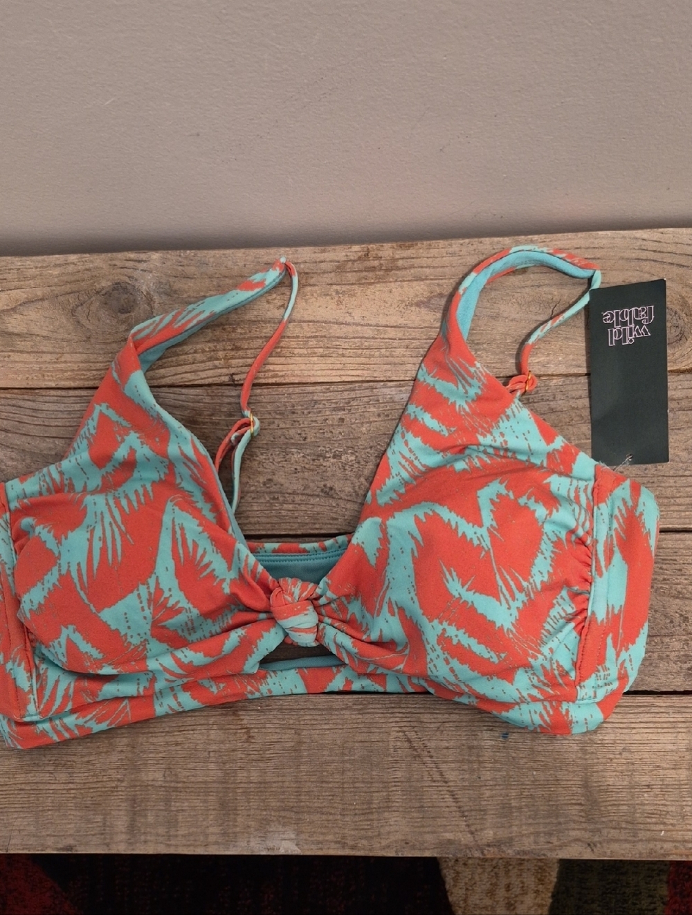 wild fable Coral & Aqua Palm-Print Knot Front Bikini Top